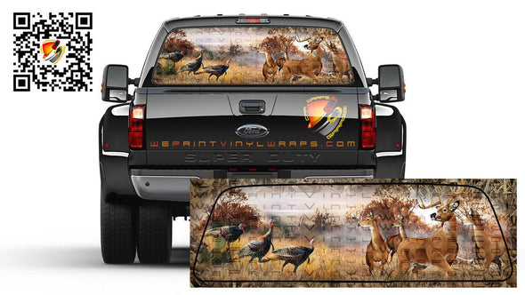 Hunting Deer Turkey Forest Rear Window Perforated Graphic Decal Sticker Trucks Campers Cars SUV