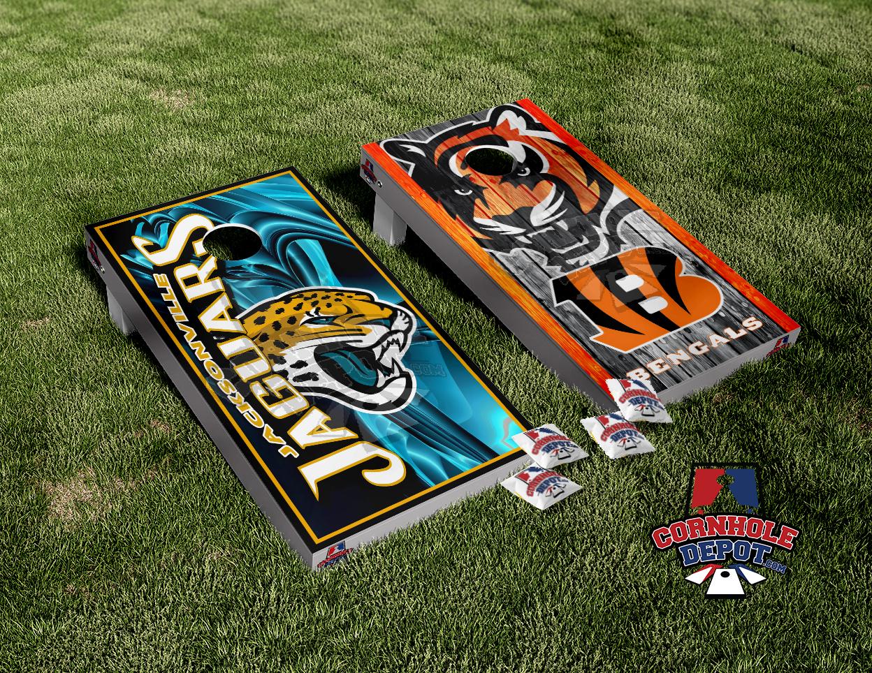 Jacksonville Jaguars and Bengals Split Set Cornhole Board Vinyl Wrap S