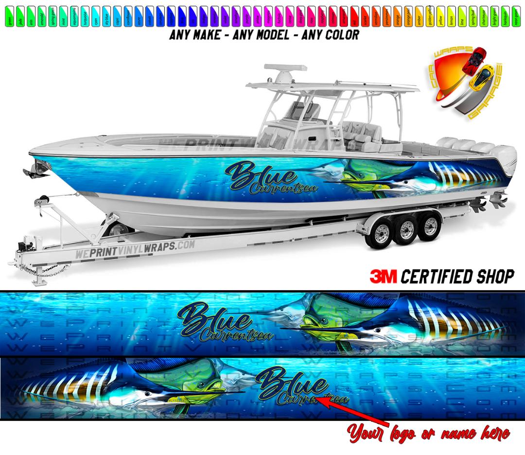 Marlins and Mahi Mahi Ocean Blue Custom Boat Name or Logo Graphic Viny
