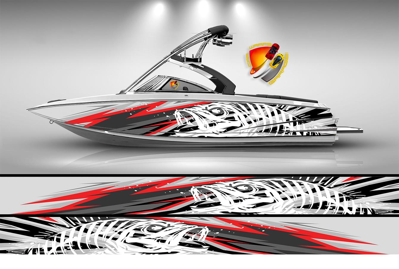 Abstract White Seabass Red Modern Lines Graphic Boat Vinyl Wrap