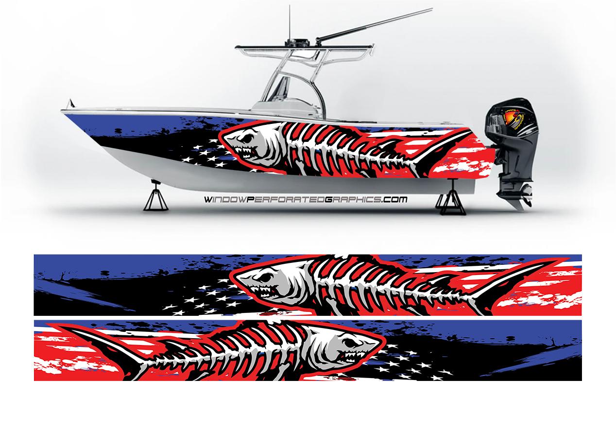 Distressed American Flag & Shark Fishbones Modern Lines Graphic