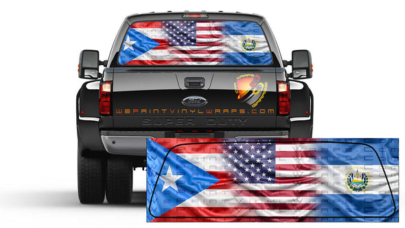 Puerto Rican, American and El Salvador Flag Rear Window Tint Perforated Graphic Vinyl Decal Trucks Campers Cars