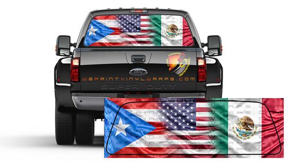 Puerto Rican, American and Mexican Flag Rear Window Tint Perforated Graphic Vinyl Decal Trucks Campers Cars