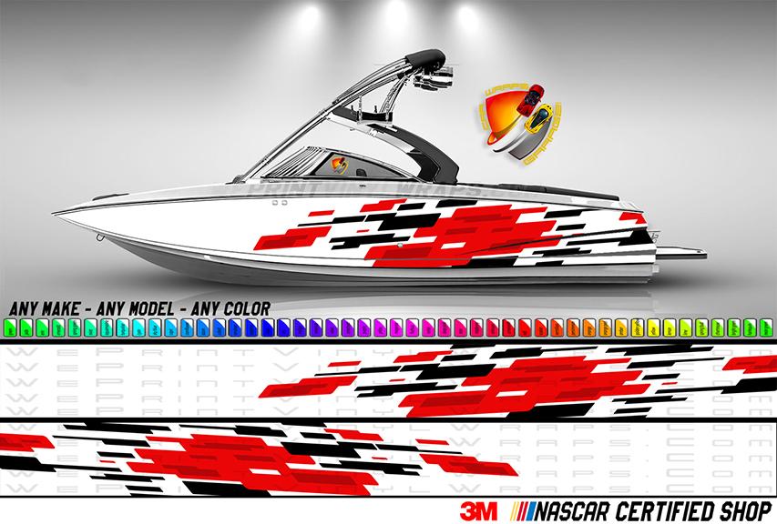 Red and White Abstract Modern Lines Graphic Boat Vinyl Wrap