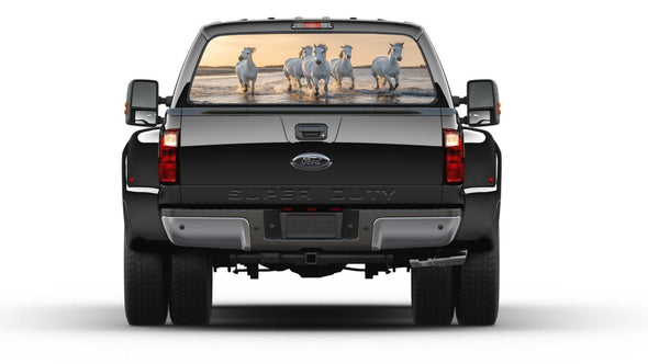 White Horses Galloping on beach sunset Rear Window Graphic  Decal Sticker Truck