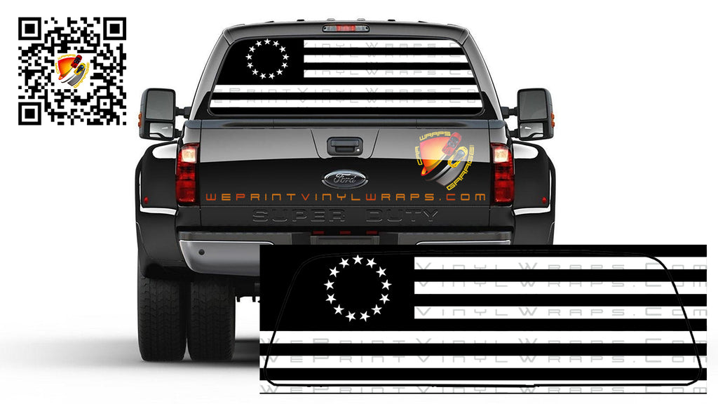 American Flag Black and White Betsy Ross Patriotic  Rear Window Tint Perforated Graphic Decal Cars Trucks Campers
