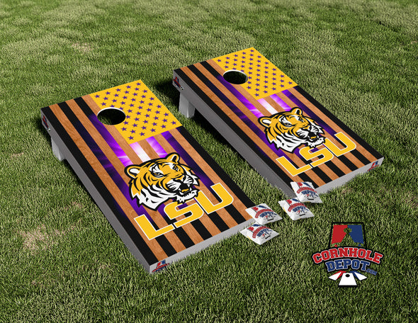 American Flag LSU Tigers Cornhole Board Vinyl Wrap Skins Laminated Sticker Set Decal