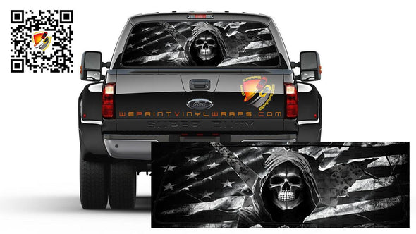 AMERICAN FLAG Black and White Skull Rear Window Perforated Graphic Decal Truck Campers Cars