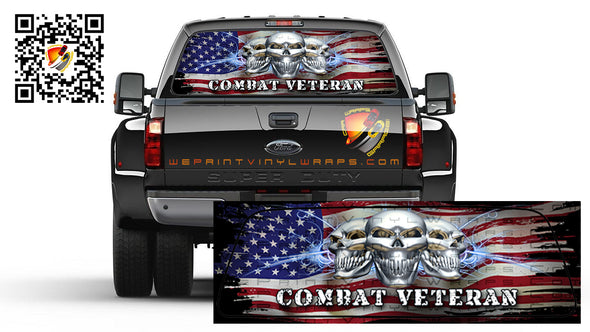 American Flag Distressed Chrome Skulls Combat Veteran Rear Window Perforated Graphic Decal Truck Campers Cars