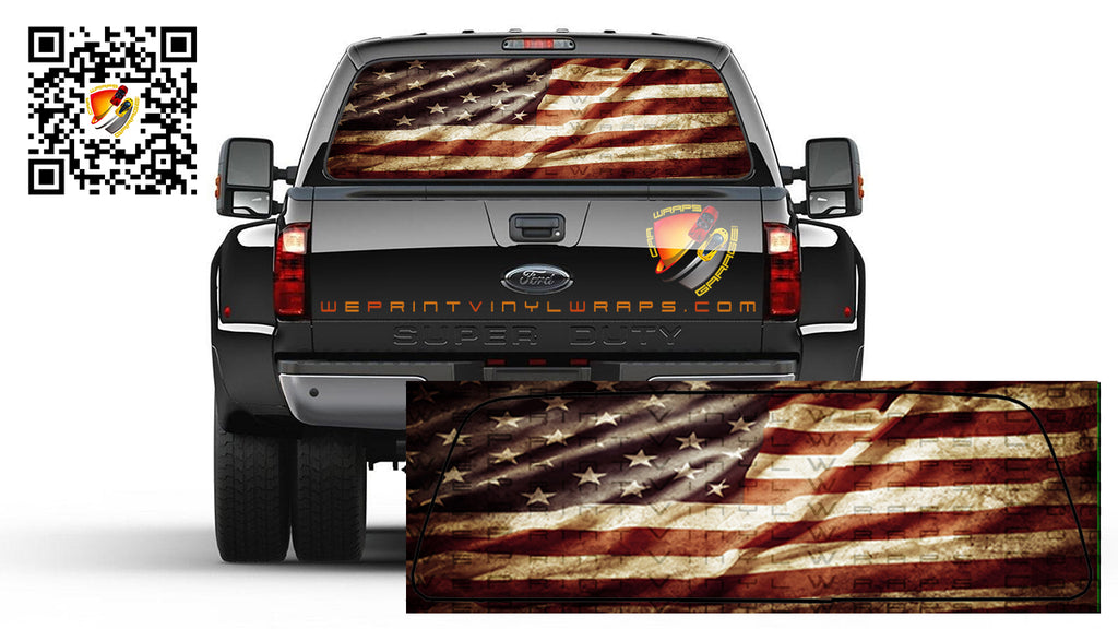 AMERICAN FLAG WAVY Soiled Vintage Rear Window Perforated Graphic  Decal  Pickup Truck Campers Cars