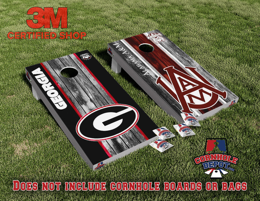 Georgia Bulldogs and Alabama A&M Bulldogs Split Set Cornhole Board Vinyl Wrap Skins Laminated Sticker Decal Set