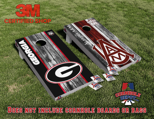 Georgia Bulldogs and Alabama A&M Bulldogs Split Set Cornhole Board Vinyl Wrap Skins Laminated Sticker Decal Set