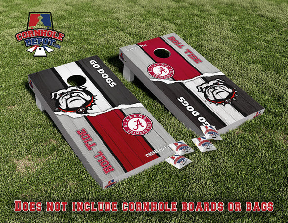 Alabama Crimson Roll Tide and Georgia Bulldogs Go Dogs House Divided Cornhole Board Vinyl Wrap Skins Laminated Sticker Set Decal