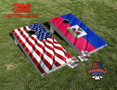 America and Haiti Flag Cornhole Board Vinyl Wrap Skins Laminated Sticker Set Decal