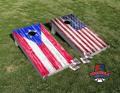 America and Puerto Rico Flag Washed Cornhole Board Vinyl Wrap Skins Laminated Sticker Decal Set