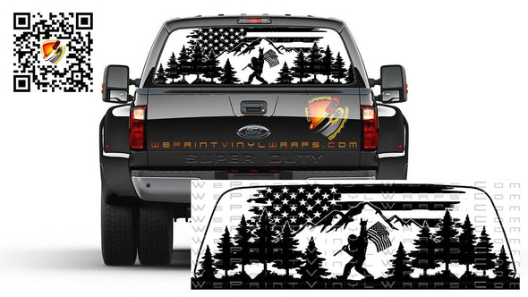 American Flag Bigfoot Mountain Rear Window Tint Perforated Graphic Decal Sticker Trucks Cars Campers