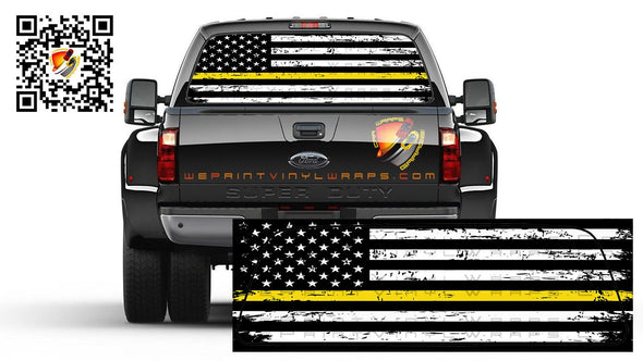 American Flag Black & White Gold Thin Line Rear Window Perforated Vinyl Graphic Decal Trucks Campers Cars