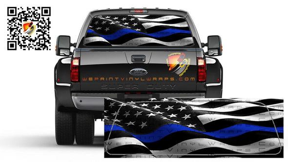 American Flag Black & White Waving Thin Blue Line Police Rear Window Perforated Graphic Vinyl  Decal Trucks Cars Campers