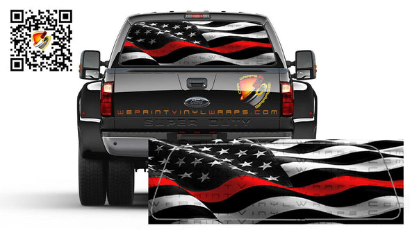 American Flag Black & White Waving Thin Red Line Firefighter Rear Window Perforated Graphic Vinyl  Decal Trucks Cars Campers