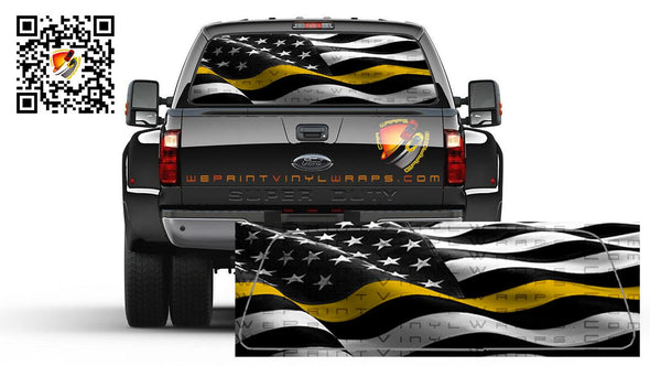 American Flag Black & White Waving Thin Yellow Line Dispatchers Rear Window Perforated Graphic Vinyl  Decal Trucks Cars Campers