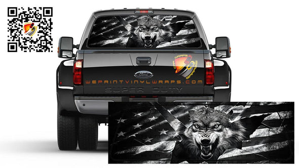 American Flag Black & White  Wolf Rear Window Perforated Graphic Vinyl  Decal Trucks Cars Campers