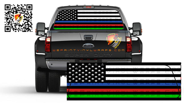American Flag Black and White Flat Thin Blue, Red & Green Line Police/Fire/Military Support FLAG Rear Window Perforated Graphic Decal Truck SUV Campers