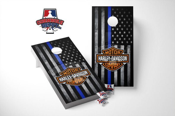 American Flag Black and White Thin Blue Line Harley Cornhole Board Vinyl Wrap Skins Laminated Decal Sticker Set