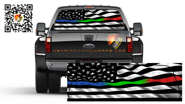 American Flag Black and White Thin Blue, Green & Red Line Police/Military/Fire Support FLAG Rear Window Perforated  Graphic Decal   Trucks, Cars, Campers