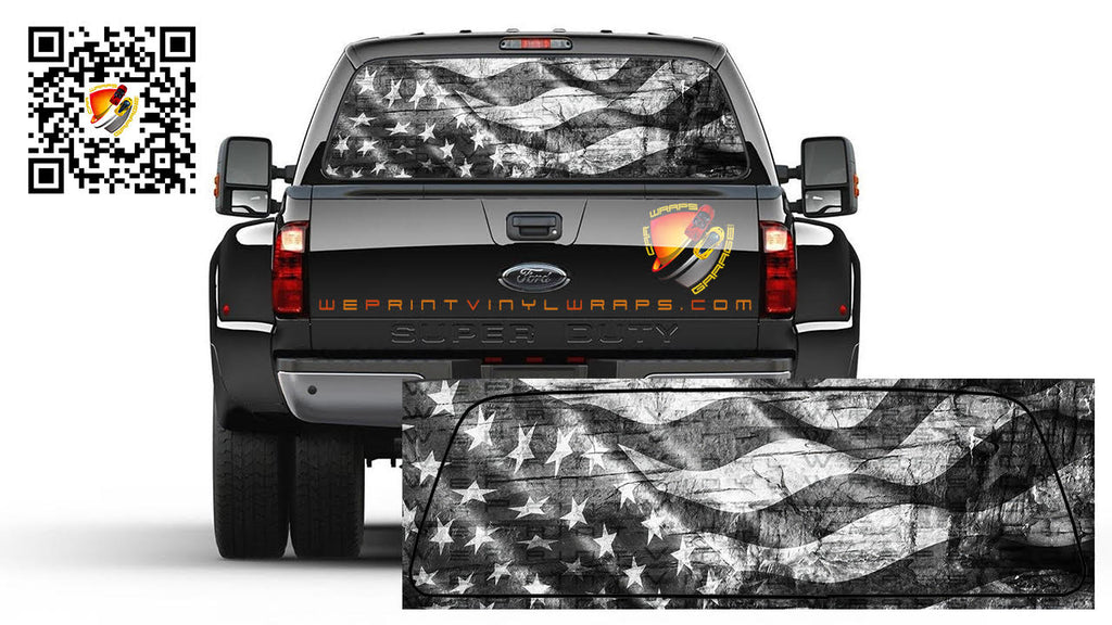 American Flag Black and White Waving Vintage Patriotic Rear Window Perforated Graphic Vinyl  Decal Trucks Cars Campers