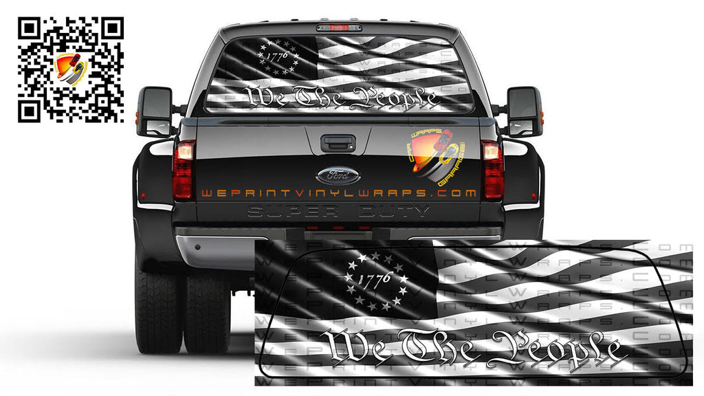 American Flag Black and White Wavy Betsy Ross We The People Patriotic 1776 Rear Window Tint Perforated Graphic Decal Cars Trucks Campers