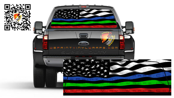 American Flag Black and White Wavy Thin Blue, Green & Red Line Police/Military/Fire Support FLAG Rear Window Perforated Graphic Decal Truck  SUV Campers