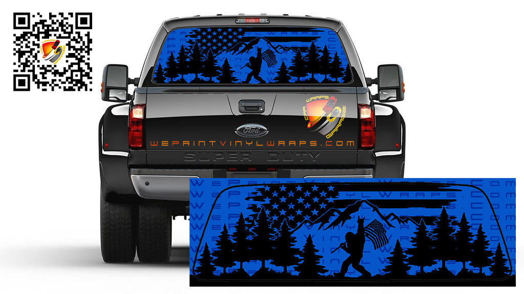American Flag Blue Bigfoot Sasquatch Mountain Rear Window Tint Perforated Graphic Decal Sticker Trucks Cars Campers