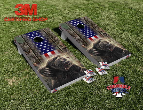 American Flag Camo Hunting Bear Cornhole Board Vinyl Wrap Skins Laminated Sticker Set Decal