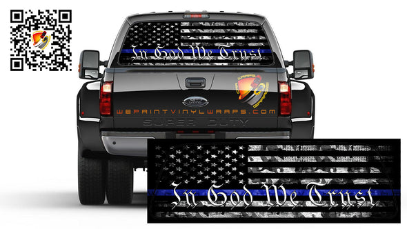 American Flag Camo Thin Blue Line In God We Trust  Patriotic Rear Window Tint Perforated Graphic Decal Truck Cars Campers