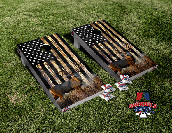 American Flag Deer Burn Wood Cornhole Board Vinyl Wrap Skins Laminated Sticker Set Decal
