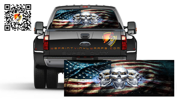American Flag Distressed Chrome Skulls  Rear Window Perforated Graphic Decal Truck Campers Cars