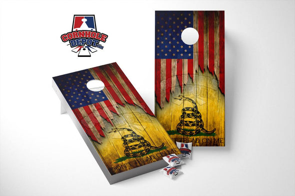 American Flag Don't Tread On Me Cornhole Board Vinyl Wrap Skins Laminated Sticker Set Decal