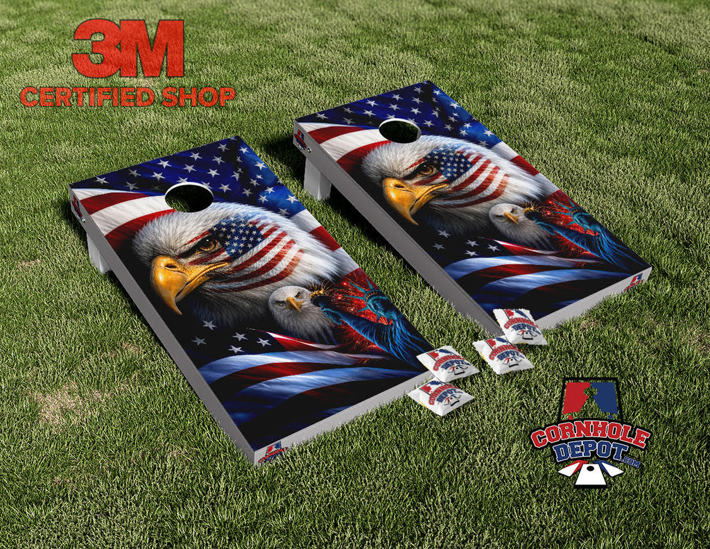 American Flag Eagle Statue of Liberty Cornhole Board Vinyl Wrap Skins Laminated Sticker Set Decal