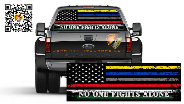 American Flag First Responders Black & White No One Fights Alone Rear Window Perforated Graphic Decal Truck Campers Cars