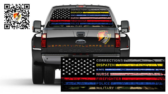 American Flag First Responders Black & White Rear Window Perforated Vinyl Graphic Decal Trucks Campers Cars