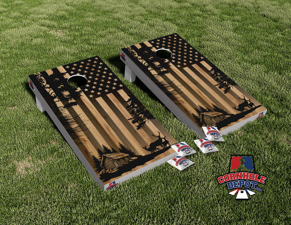 American Flag Forest Cabin Cornhole Board Vinyl Wrap Skins Laminated Sticker Decal Set Gifts