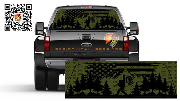 American Flag Green Bigfoot Sasquatch Mountain Rear Window Tint Perforated Graphic Decal Sticker Trucks Cars Campers RV
