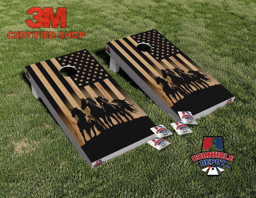 American Flag Horses Black Cornhole Board Vinyl Wrap Laminated Decal Sticker Set