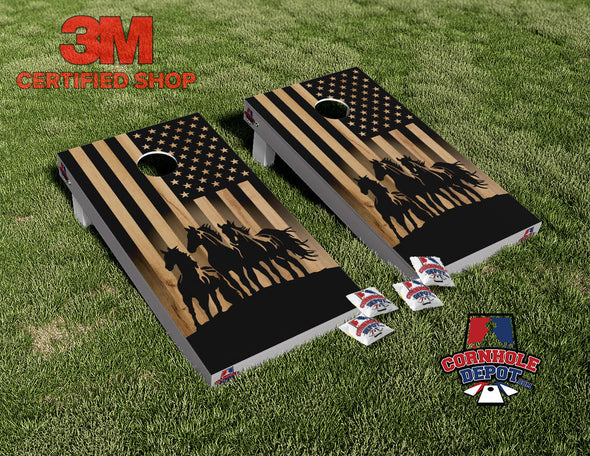 American Flag Horses Black Cornhole Board Vinyl Wrap Laminated Decal Sticker Set