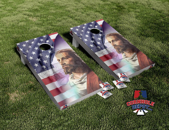 American Flag Jesus Patriotic God Cornhole Board Vinyl Wrap Skins Laminated Sticker Set Decal