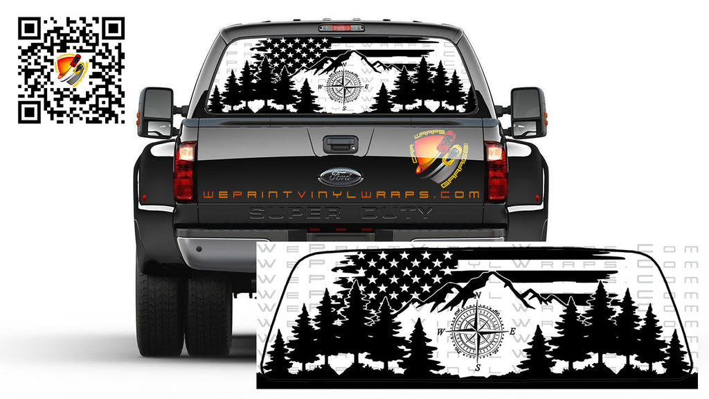 American Flag Mountain Forest Compass Rear Window Tint Perforated Graphic Decal Sticker Trucks Cars Campers RV
