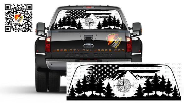American Flag Mountain Forest Compass Rear Window Tint Perforated Graphic Decal Sticker Trucks Cars Campers RV