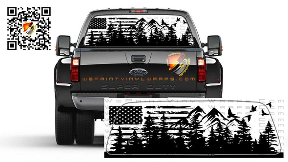 American Flag Mountain Forest Rear Window Tint Perforated Graphic Decal Sticker Trucks Cars Campers RV