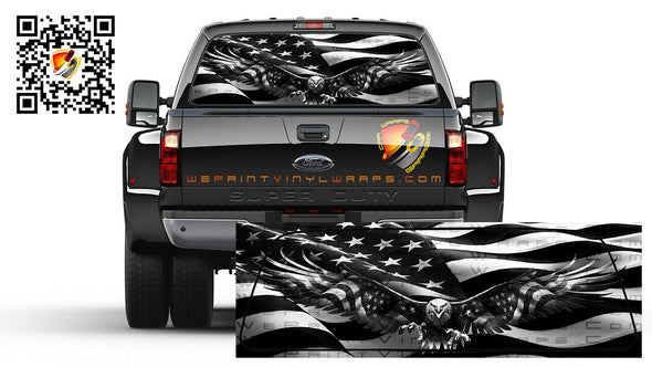 American Flag On Eagle Black and White Wavy Patriotic Rear Window Tint Perforated Vinyl Graphic Decal Sticker  Trucks Cars Campers