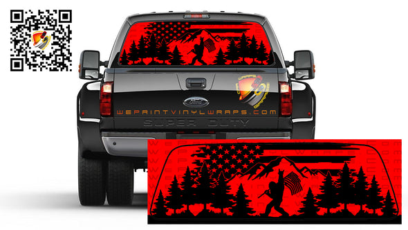 American Flag Red Bigfoot Sasquatch Mountain Rear Window Tint Perforated Graphic Decal Sticker Trucks Cars Campers